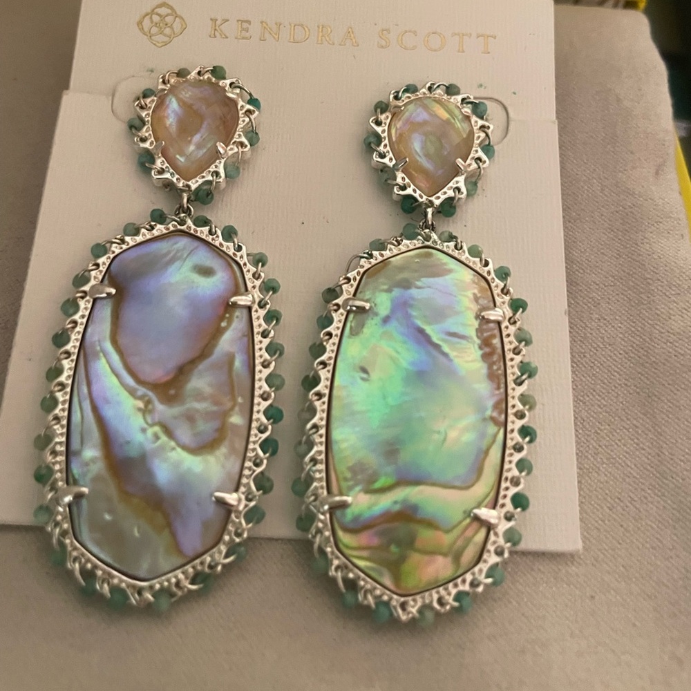 Kendra Scott Parsons- bright silver/iridescent abalone w/ teal Amazonite beads